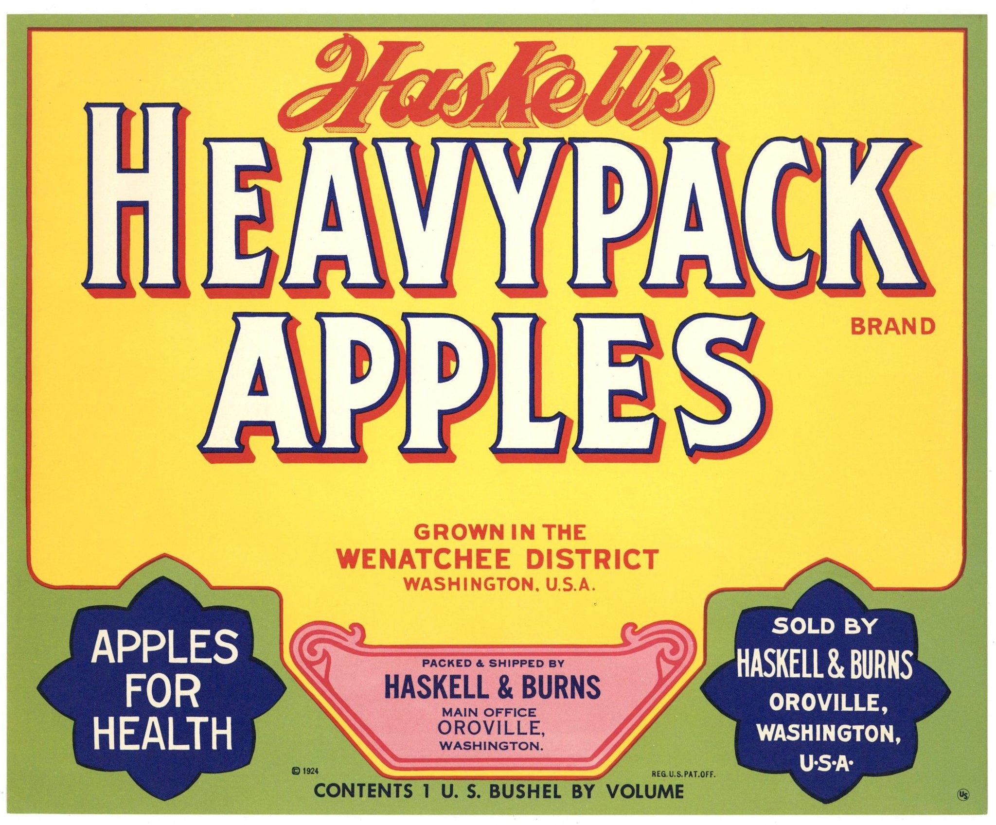 Haskell's Heavypack Apples Brand Vintage Oroville Washington Apple Crate Label, yellow
