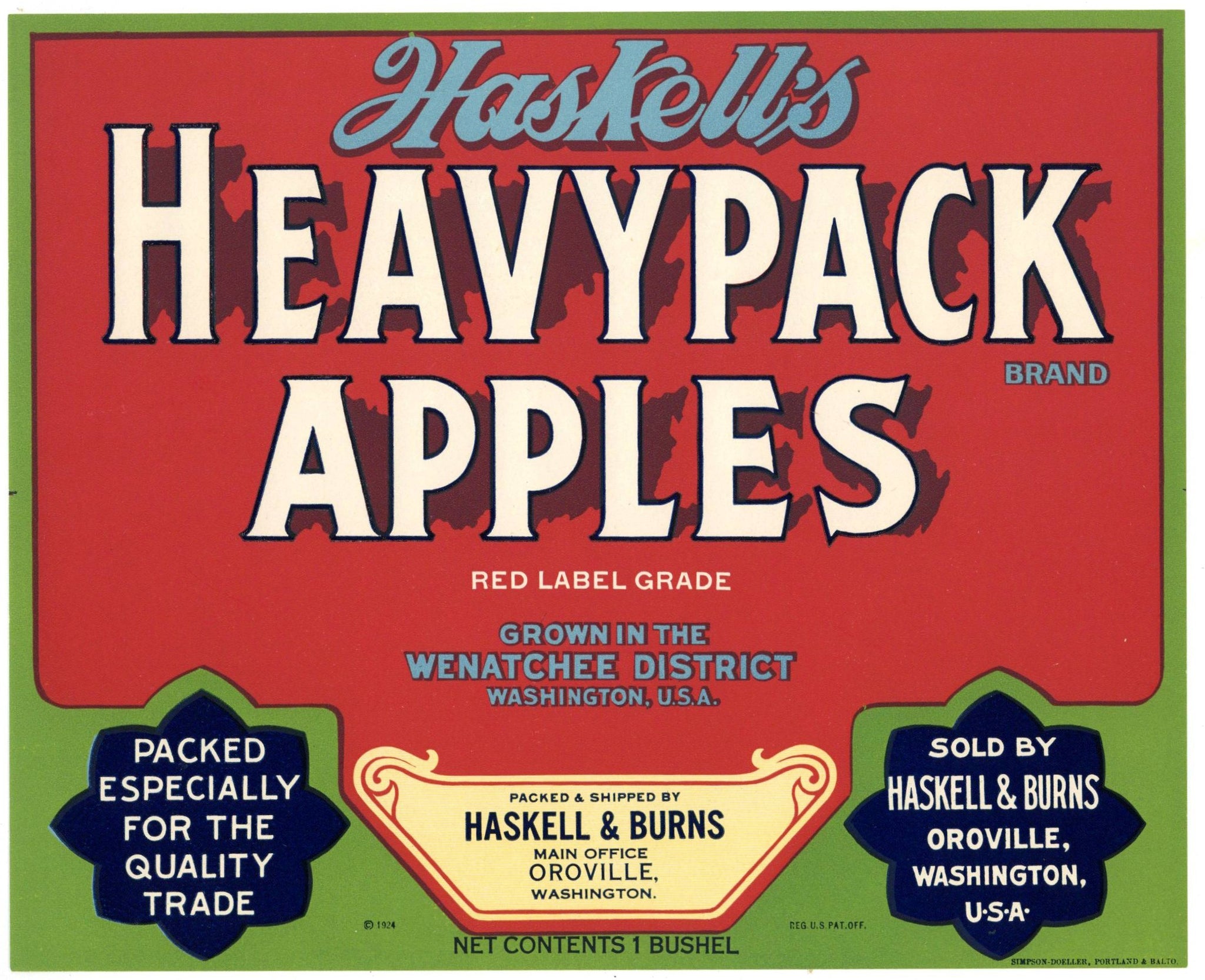 Haskell's Heavypack Apples Brand Vintage Oroville Washington Apple Crate Label, red