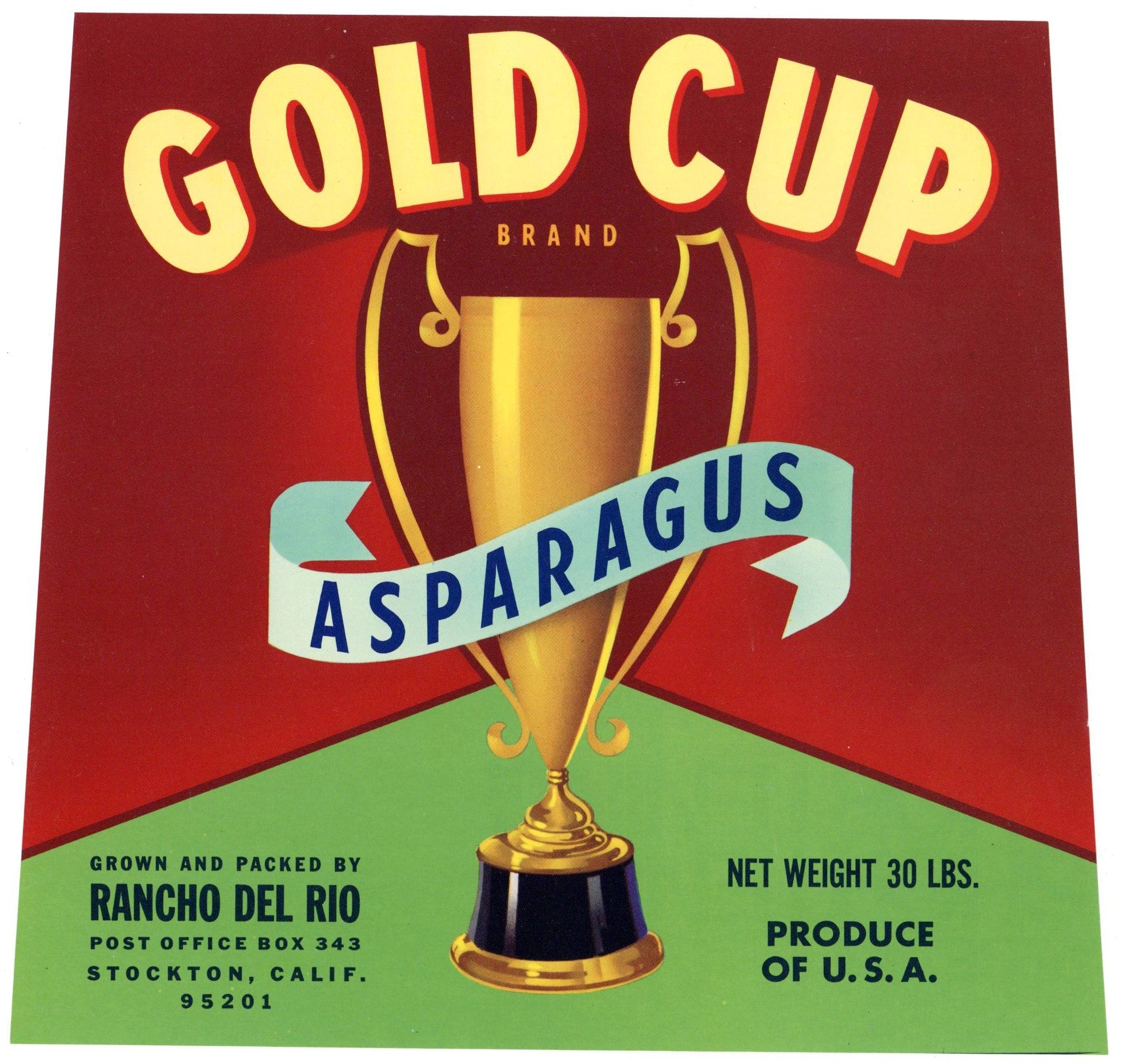 Gold Cup Brand Vintage Asparagus Crate Label, Rancho Del Rio