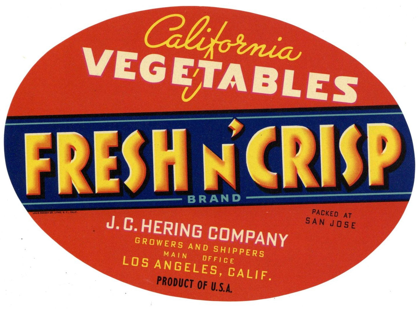 Fresh N' Crisp Brand Vintage California Vegetable Crate Label, oval