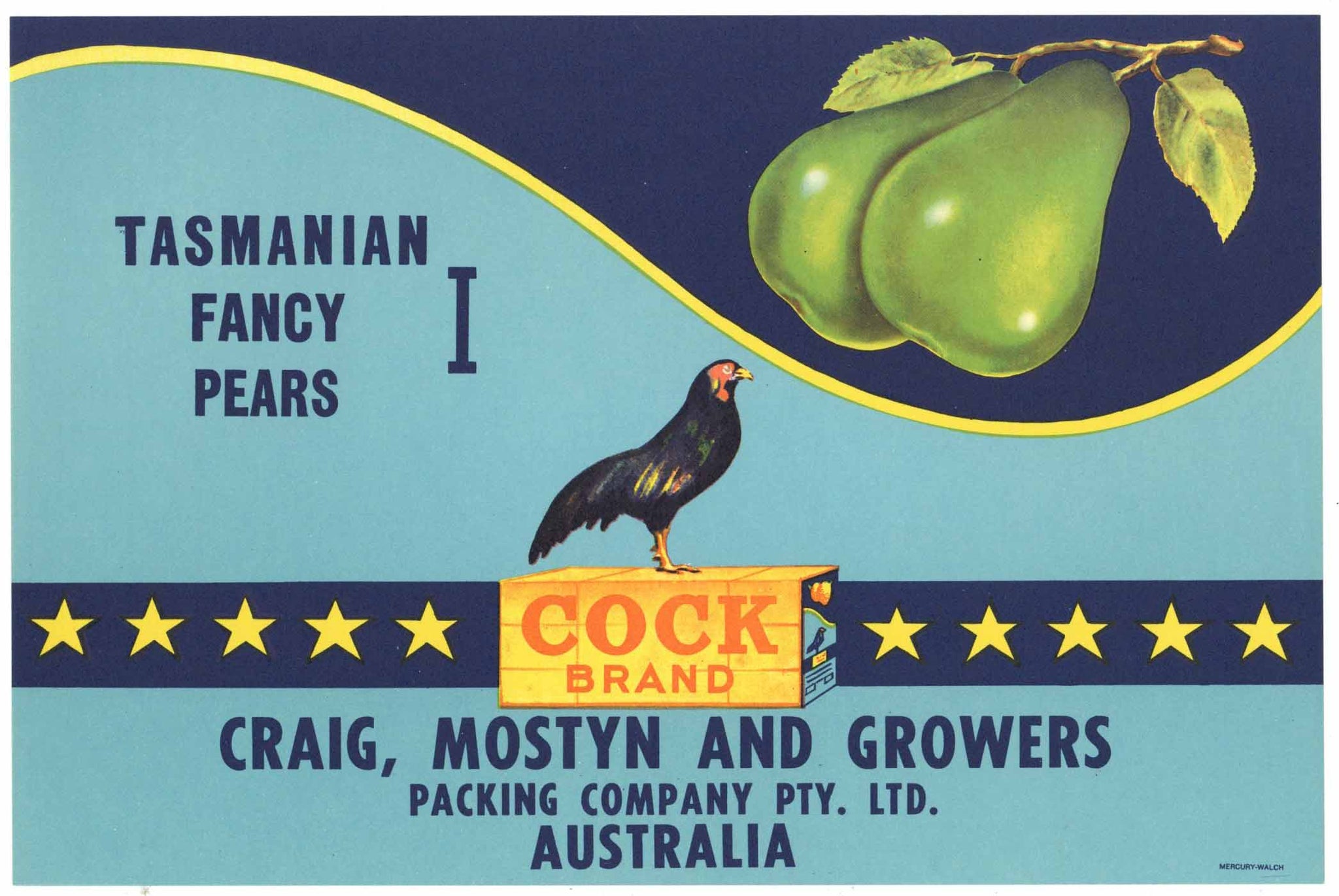 Cock Brand Australia Pear Crate Label, Fancy Pears