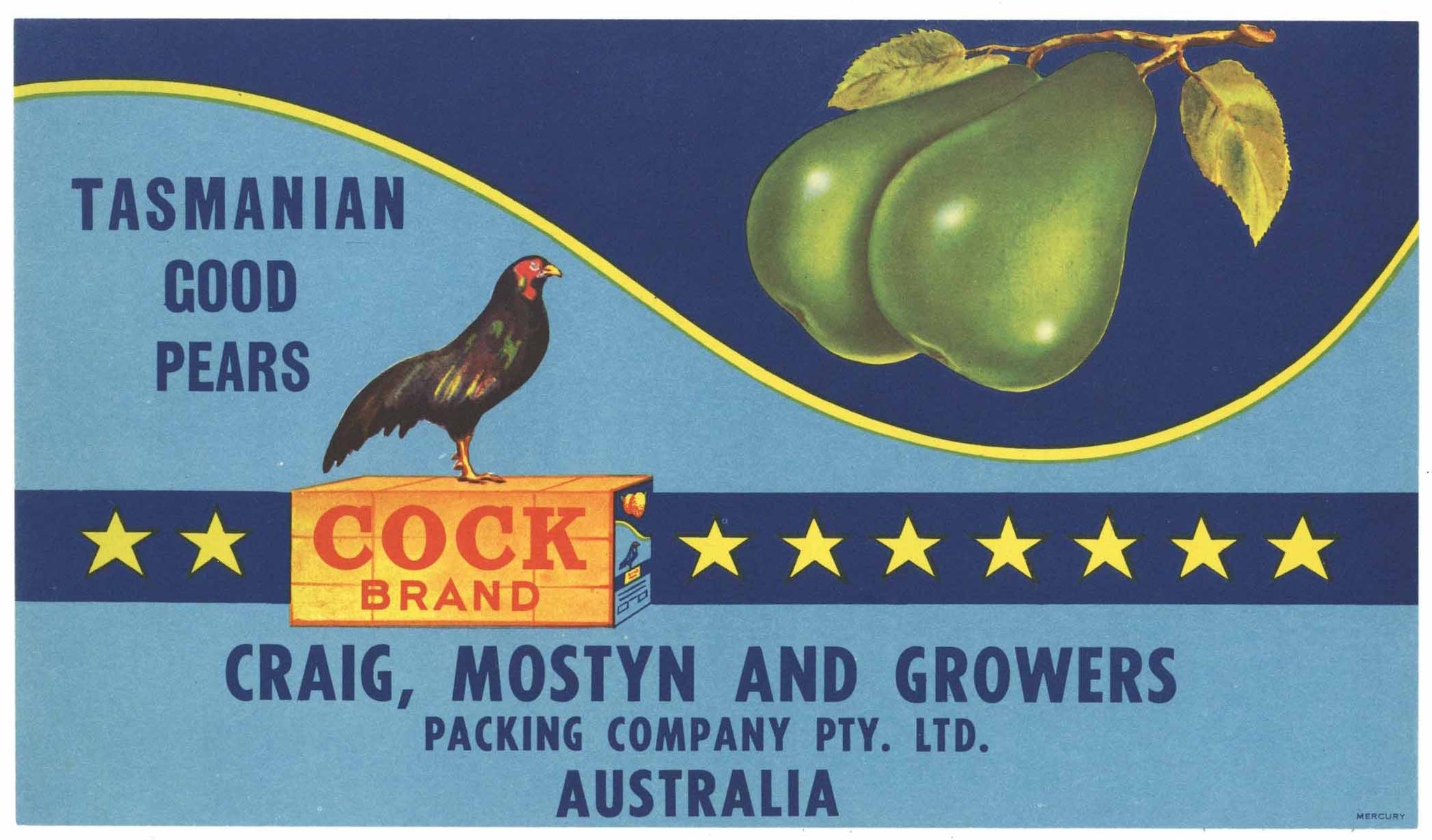 Cock Brand Australia Pear Crate Label, Good Pears