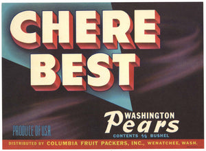 Chere Best Brand Wenatchee Washington Pear Crate Label, blue