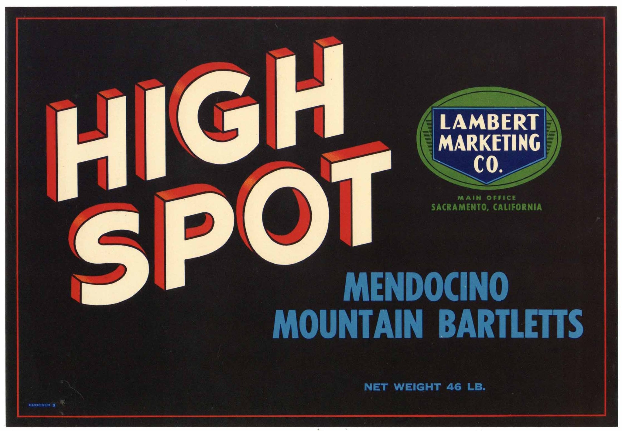 High Spot Brand Vintage Mendocino County, California Pear Crate Label