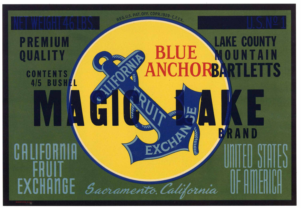 Magic Lake Brand Lake County, California Pear Crate Label, Blue Anchor