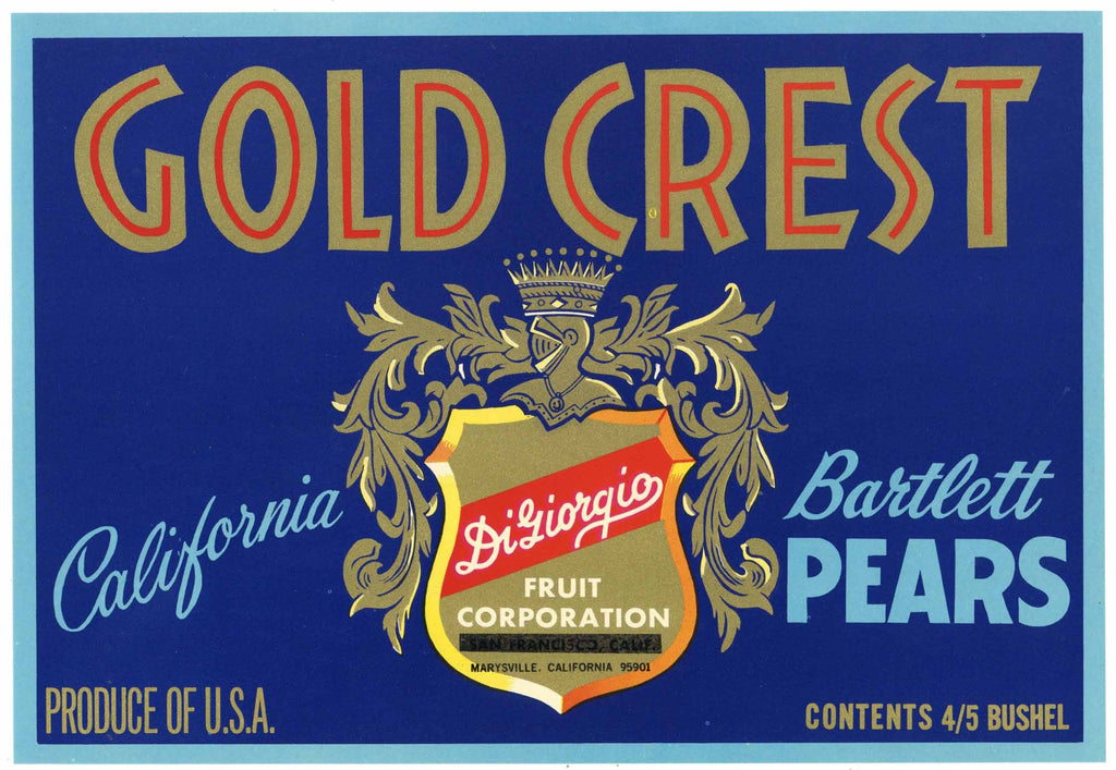 Gold Crest Brand Vintage Marysville, California Pear Crate Label