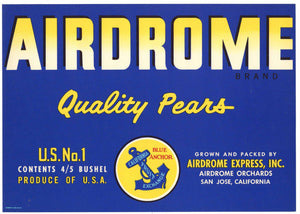 Airdrome Brand Vintage San Jose California Pear Crate Label