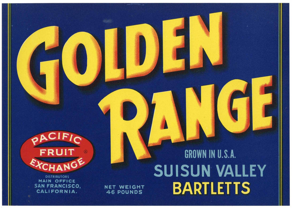 Golden Range Brand Vintage Suisun Valley California Pear Crate Label