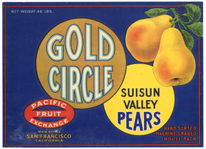 Gold Circle Vintage Suisun Valley Pear Crate Label, earlier, damage
