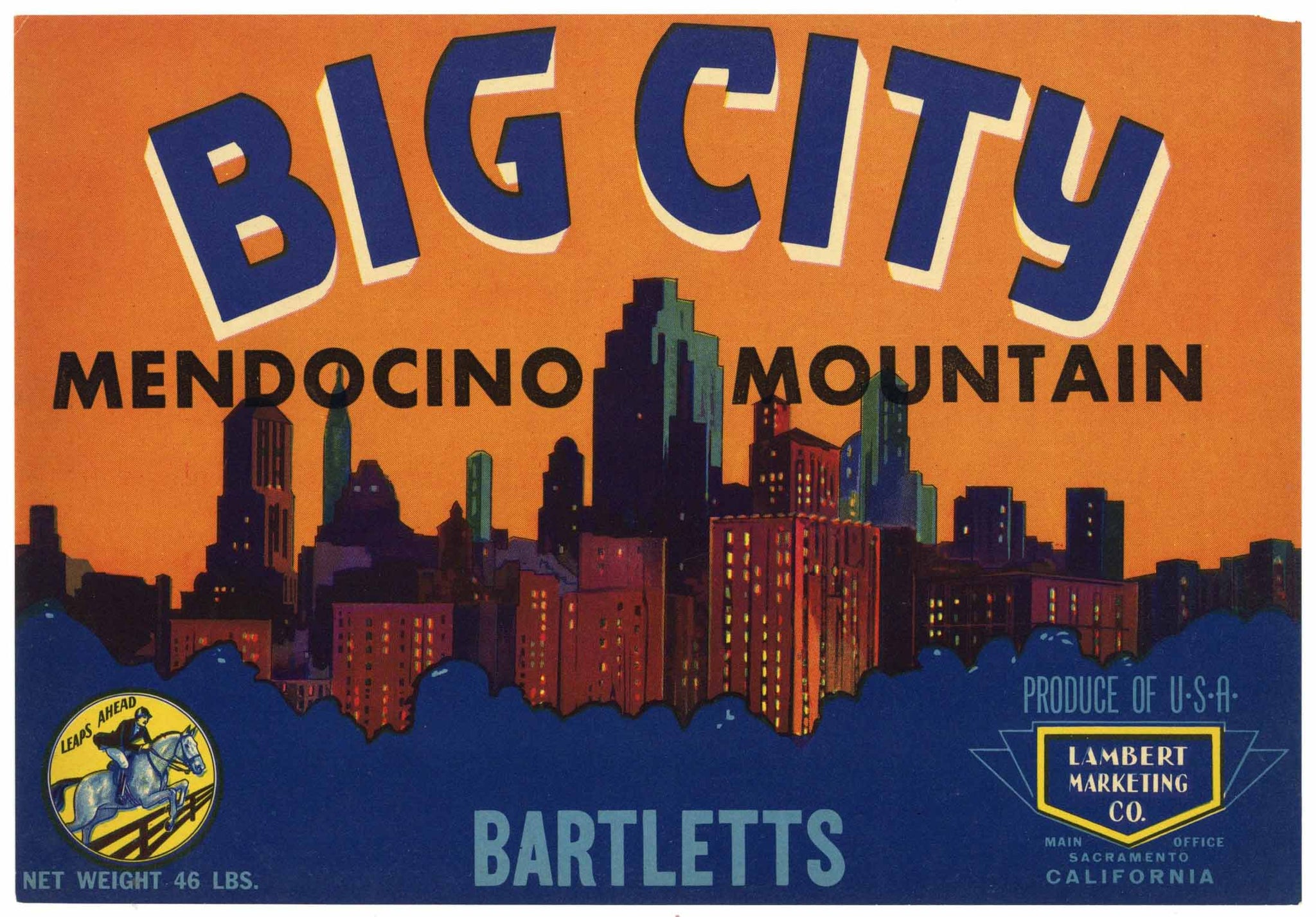Big City Brand Mendocino County California Pear Crate Label