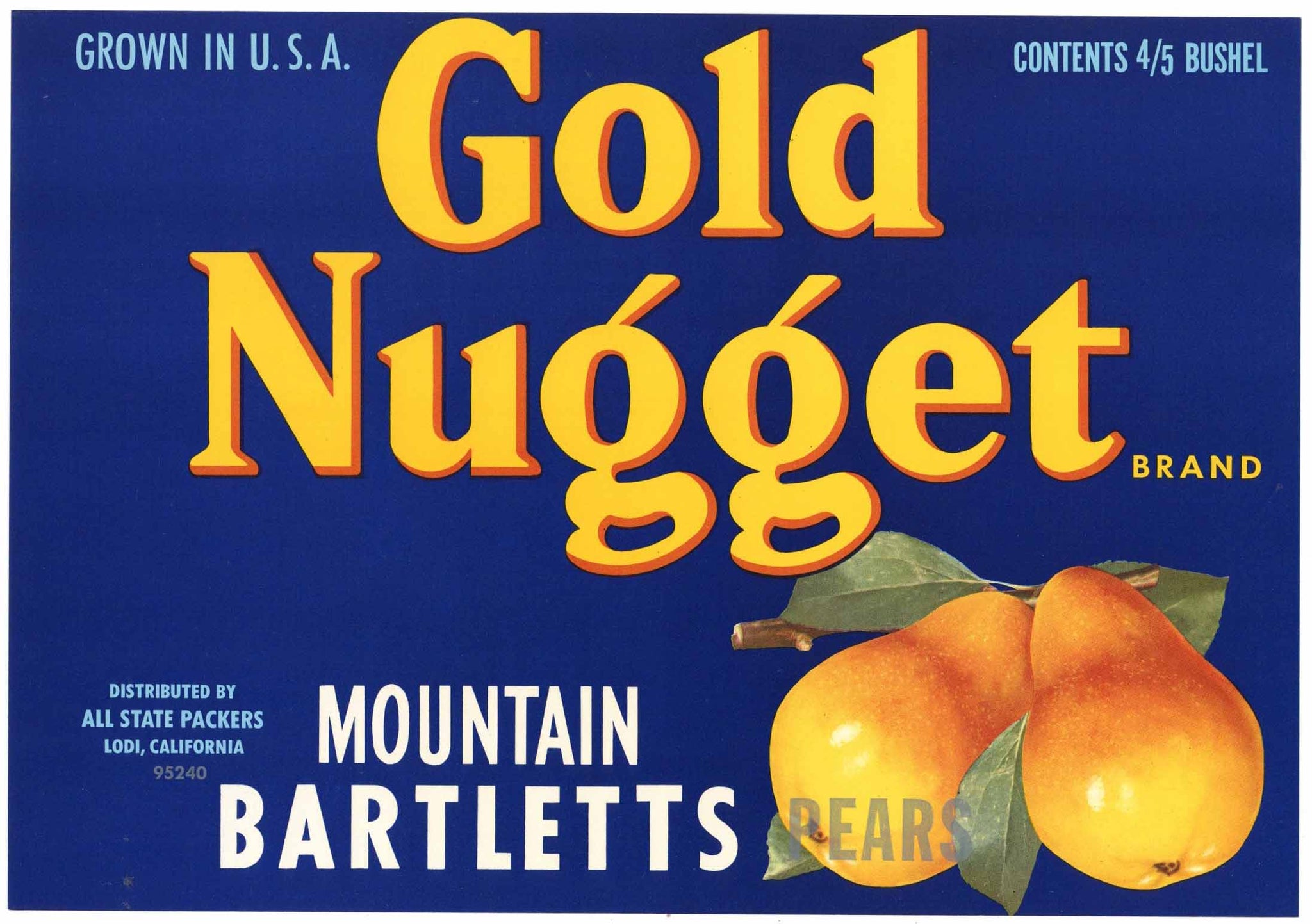 Gold Nugget Brand Vintage Lodi California Pear Crate Label, op
