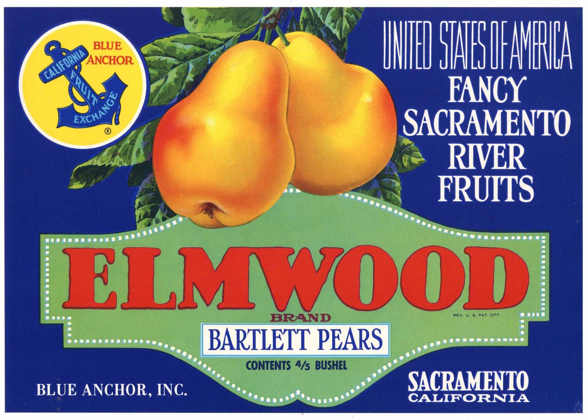 Elmwood Brand Vintage Blue Anchor Inc. Pear Crate Label
