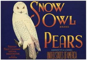Snow Owl Brand Vintage Yakima Washington Pear Crate Label b, 4/5bu