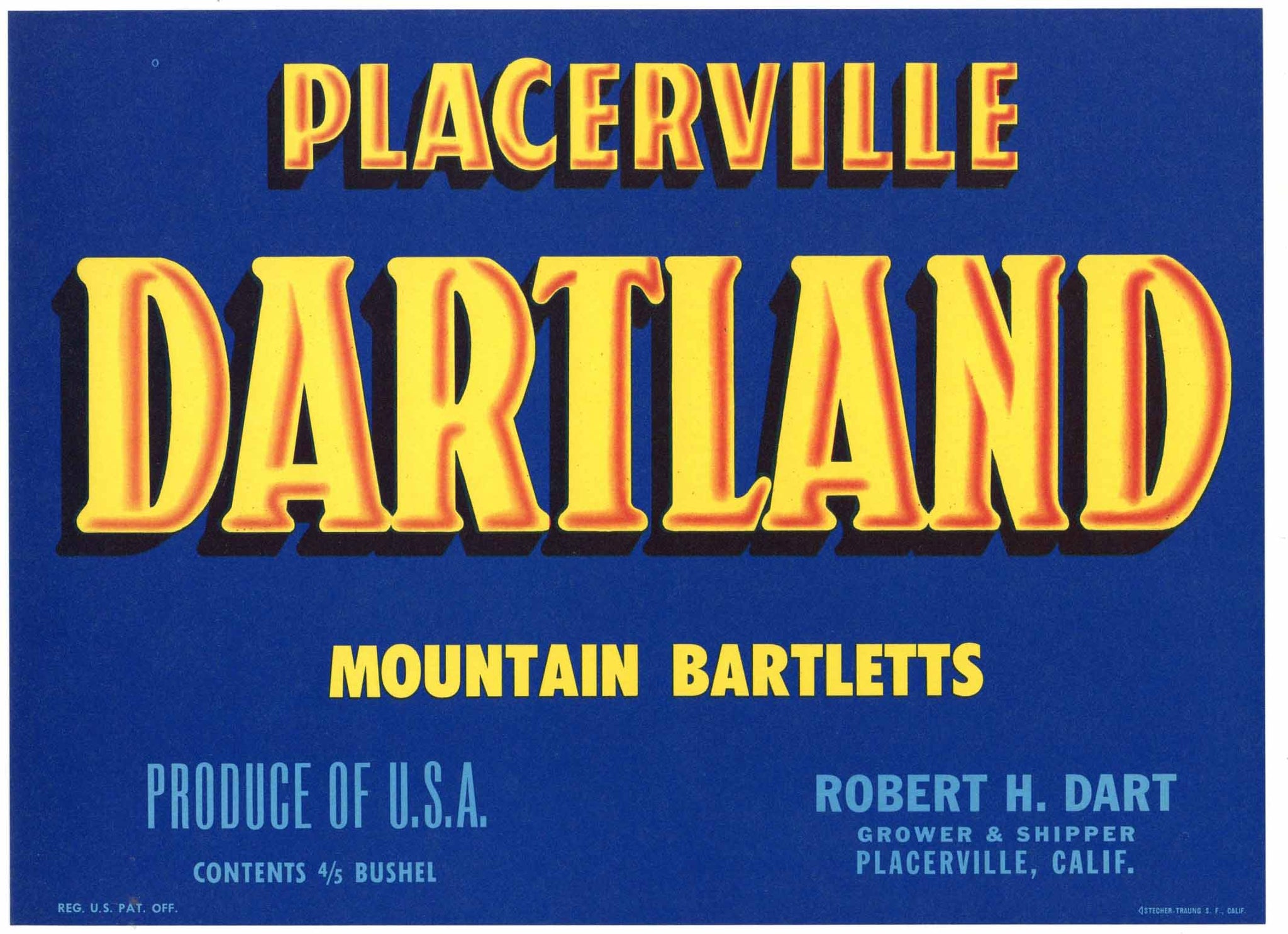 Dartland Brand Vintage Placerville California Pear Crate Label, Blue