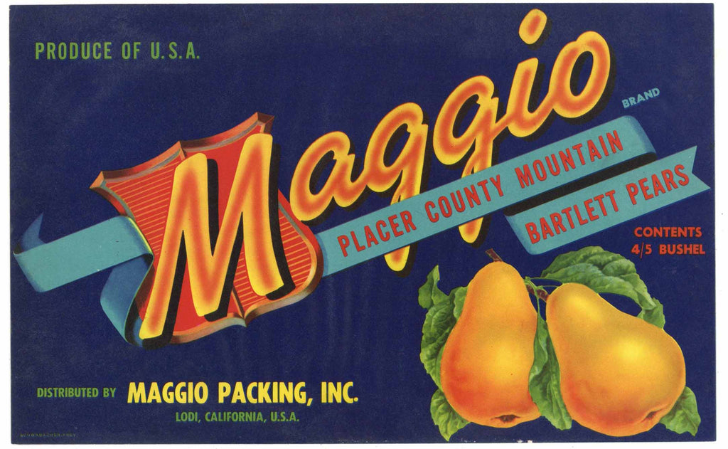 Maggio Brand Vintage Placer County, California Pear Crate Label