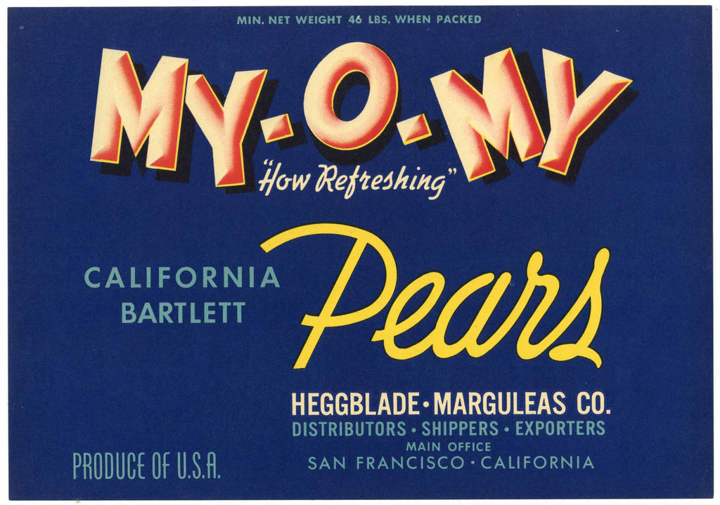 My-O-My Brand Vintage Pear Crate Label
