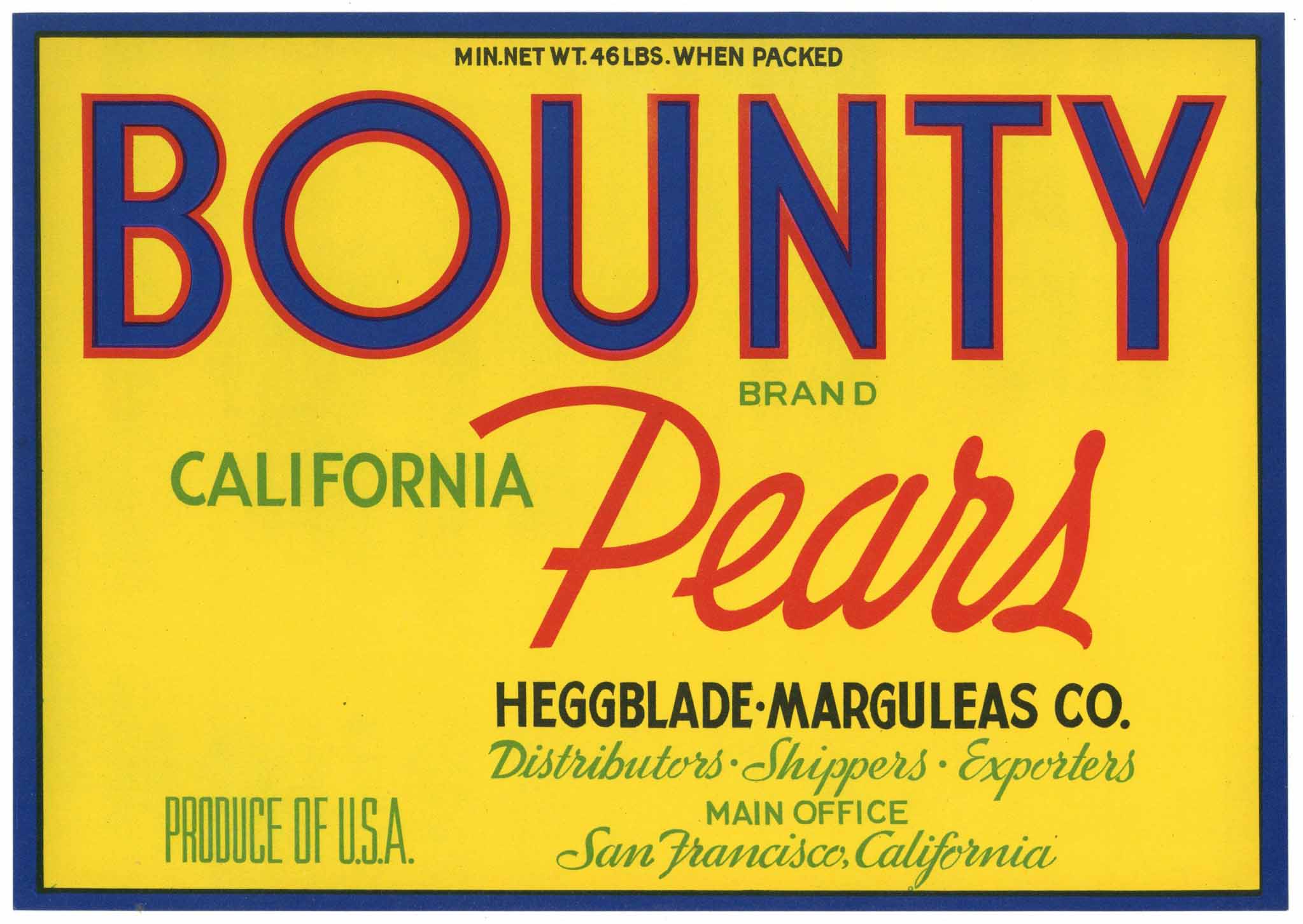 Bounty Brand Vintage Pear Crate Label