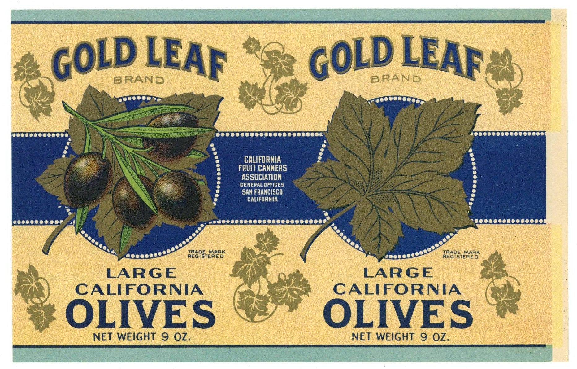 Gold Leaf Brand Vintage California Olives Can Label
