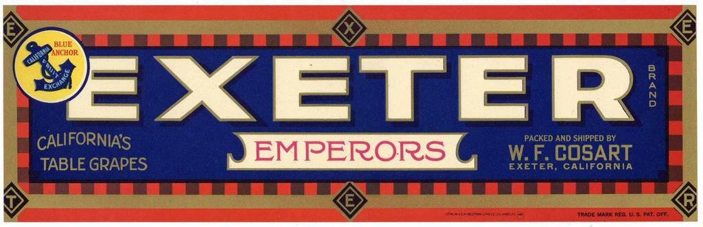 Exeter Brand Vintage Emperor Grape Crate Label, W. F. Cosart