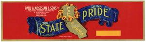 State Pride Brand Vintage Fresno Produce Crate Label, gold trim