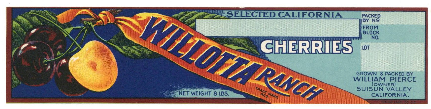 Willotta Ranch Brand Vintage Suisun Cherry Crate Label