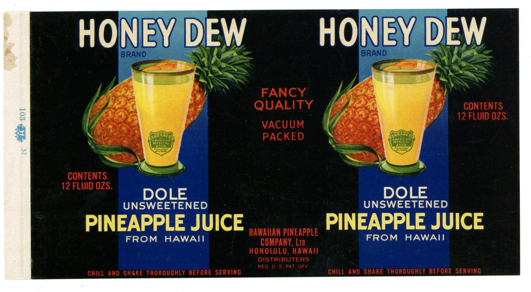 Honey Dew Brand Vintage Honolulu Hawaii Pineapple Juice Can Label