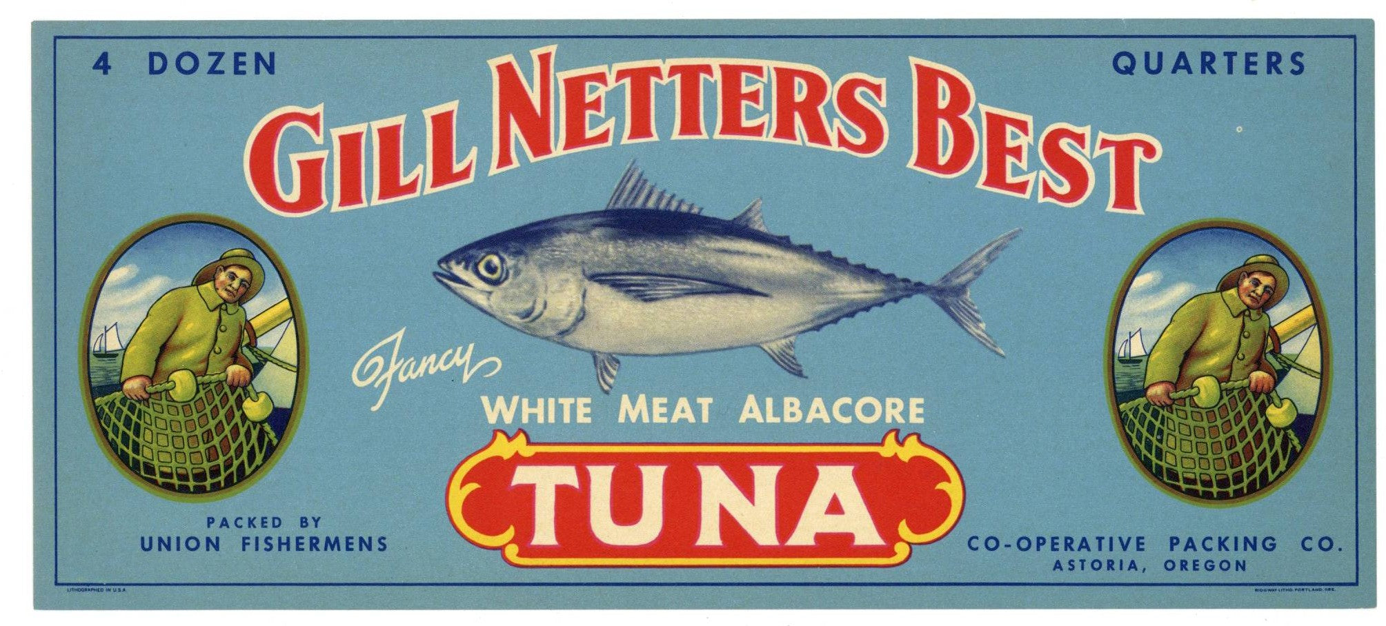 Gill Netters Brand Vintage Astoria Oregon Tuna Case End Can Label, quarters