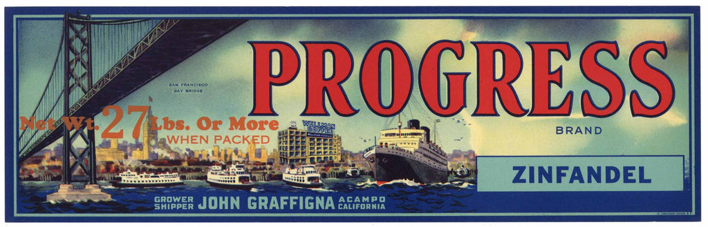 Progress Brand Vintage Acampo California Zinfandel Grape Crate Label