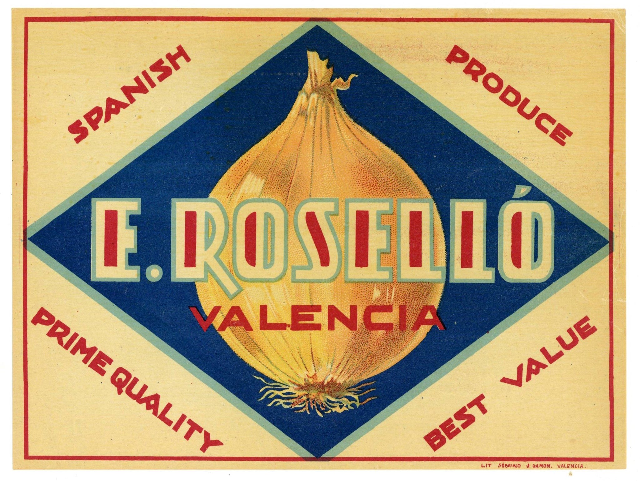 E. Rosello Brand Vintage Spanish Onion Crate Label, white
