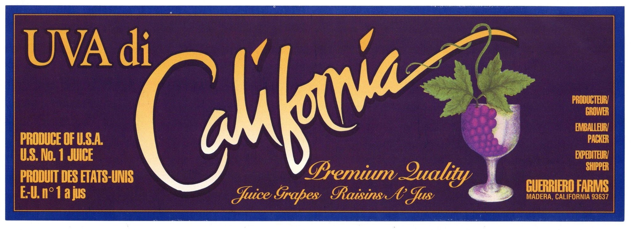 Uva di California Brand Vintage Fresno California Grape Crate Label, purple