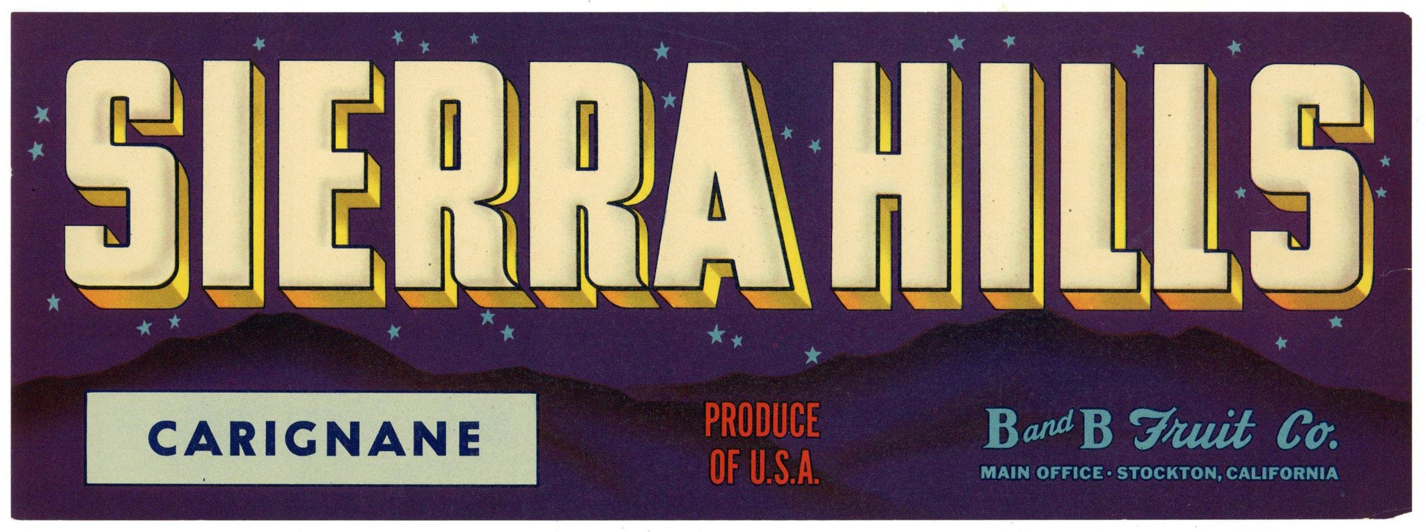 Sierra Hills Brand Vintage Stockton California Carignane Grape Crate Label
