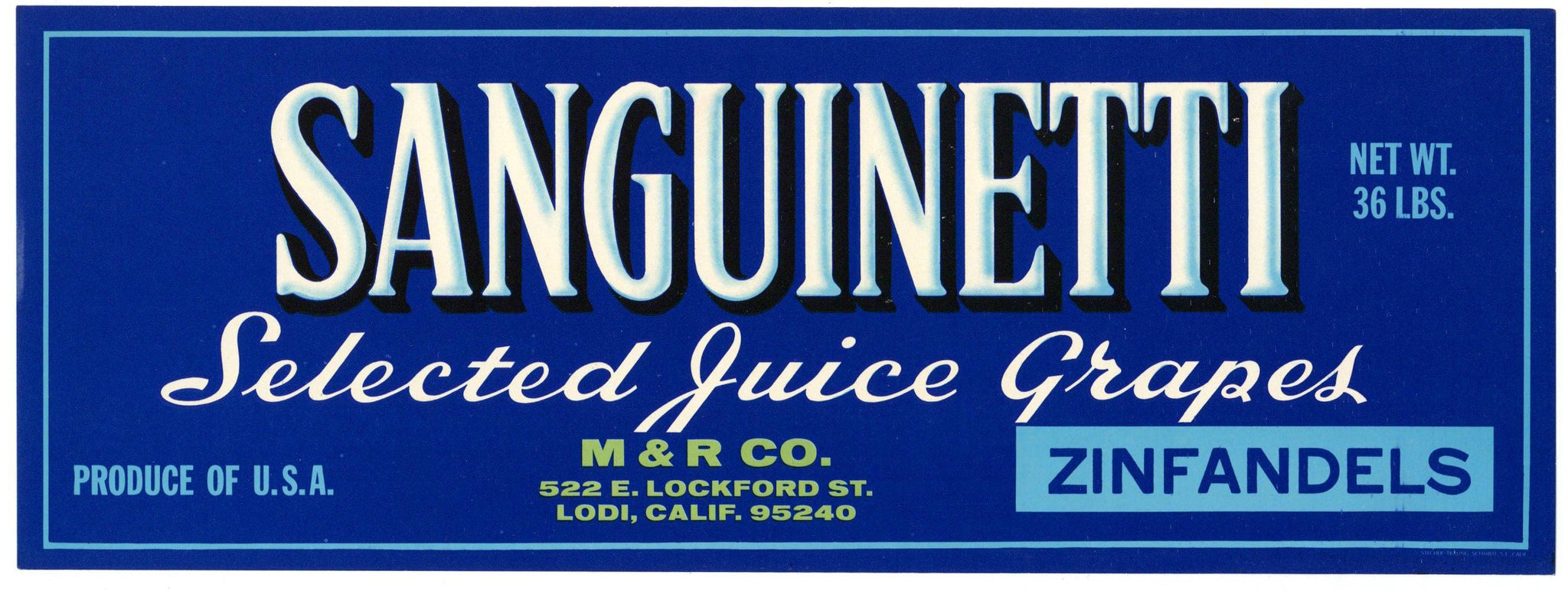 Sanguinetti Brand Vintage Lodi California Zinfandel Crate Label