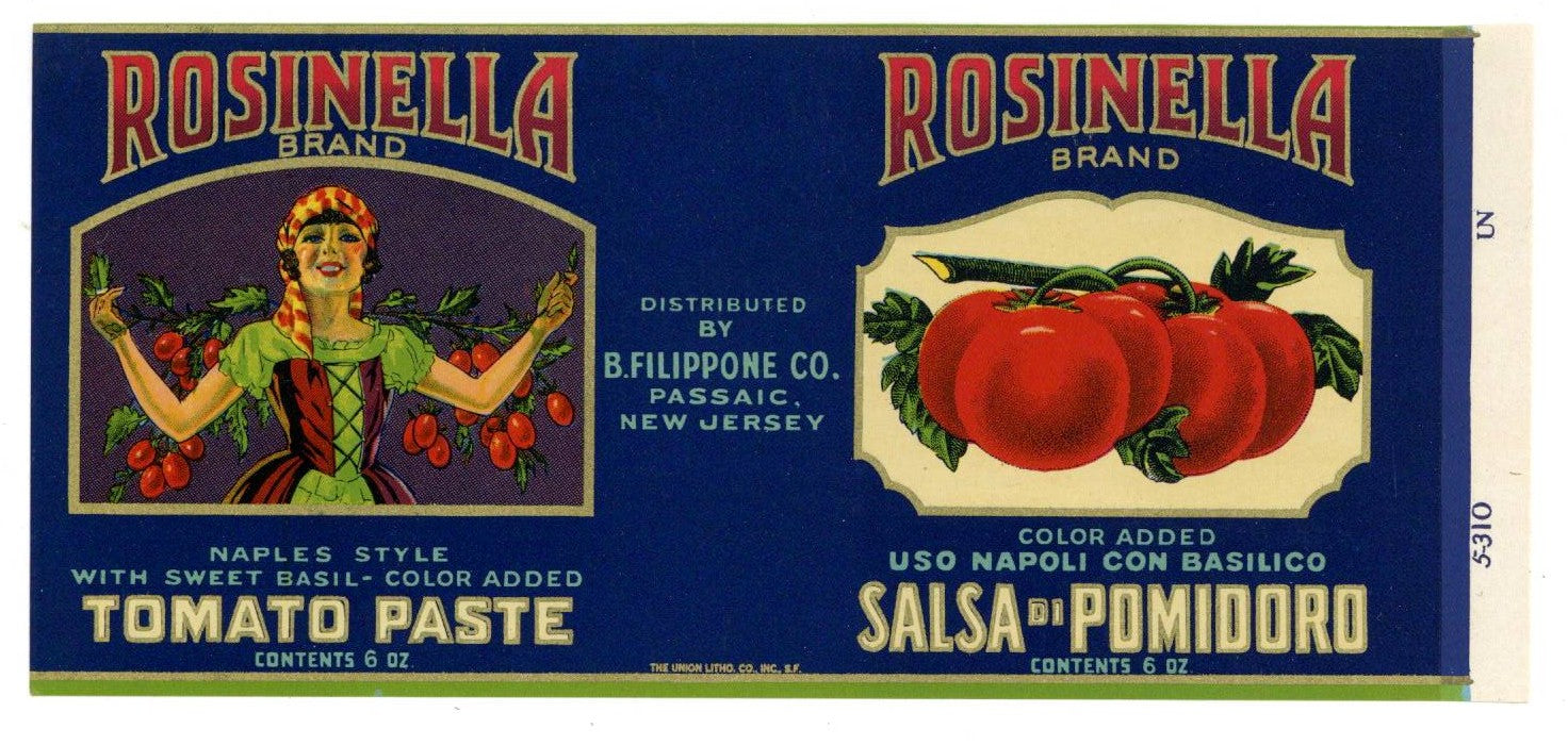 Rosinella Brand Vintage Passaic New Jersey Tomato Paste Can Label, small