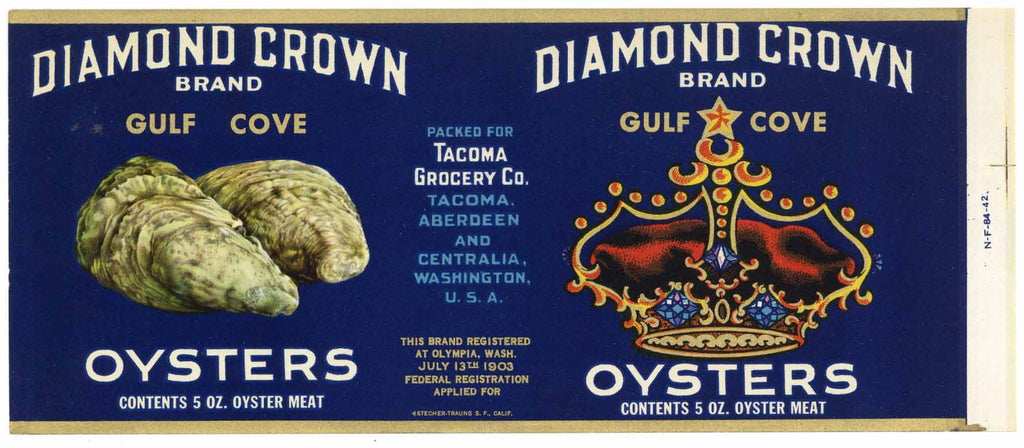Diamond Crown Brand Vintage Washington Oyster Can Label