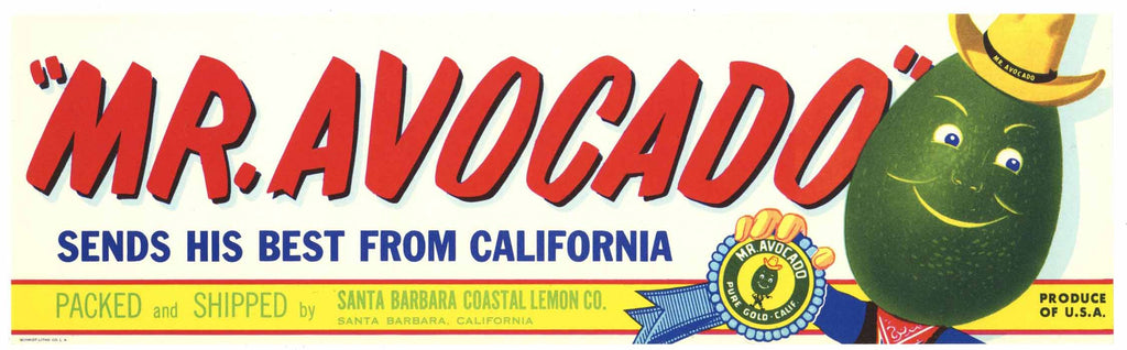 Mr. Avocado Brand Vintage Santa Barbara California Avocado Crate Label