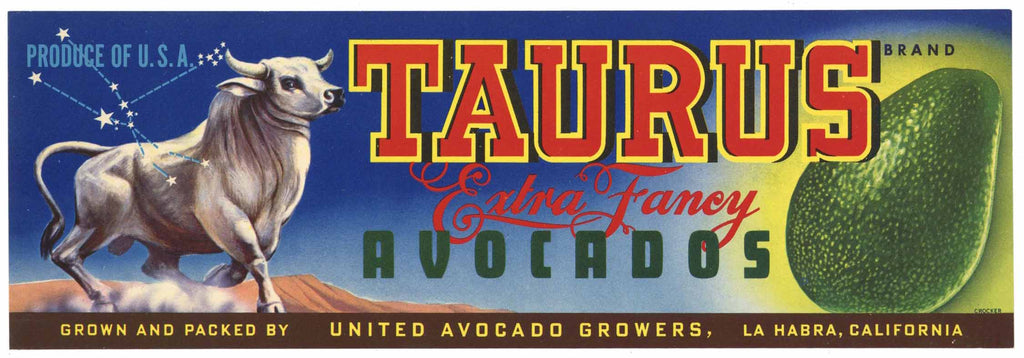 Taurus Brand Vintage La Habra California Avocado Crate Label
