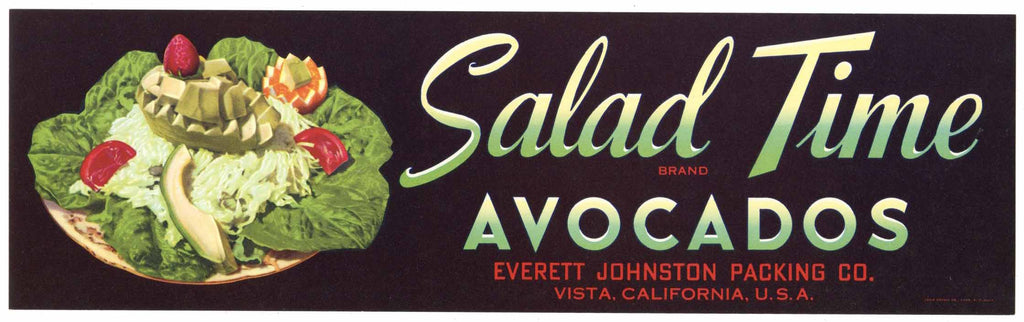 Salad Time Brand Vintage Vista California Avocado Crate Label