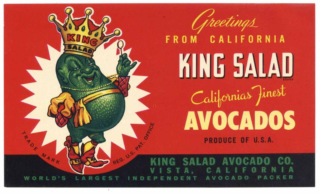 King Salad Brand Vintage Vista California Avocado Crate Label, small