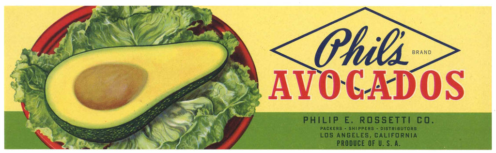 Phil's Avocados Brand Vintage California Avocado Crate Label