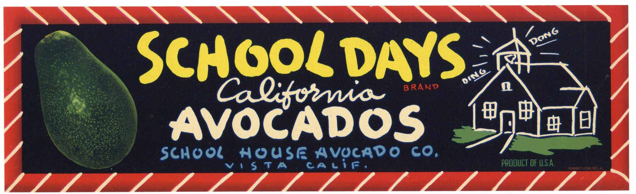 School Days Brand Vintage Vista California Avocado Crate Label