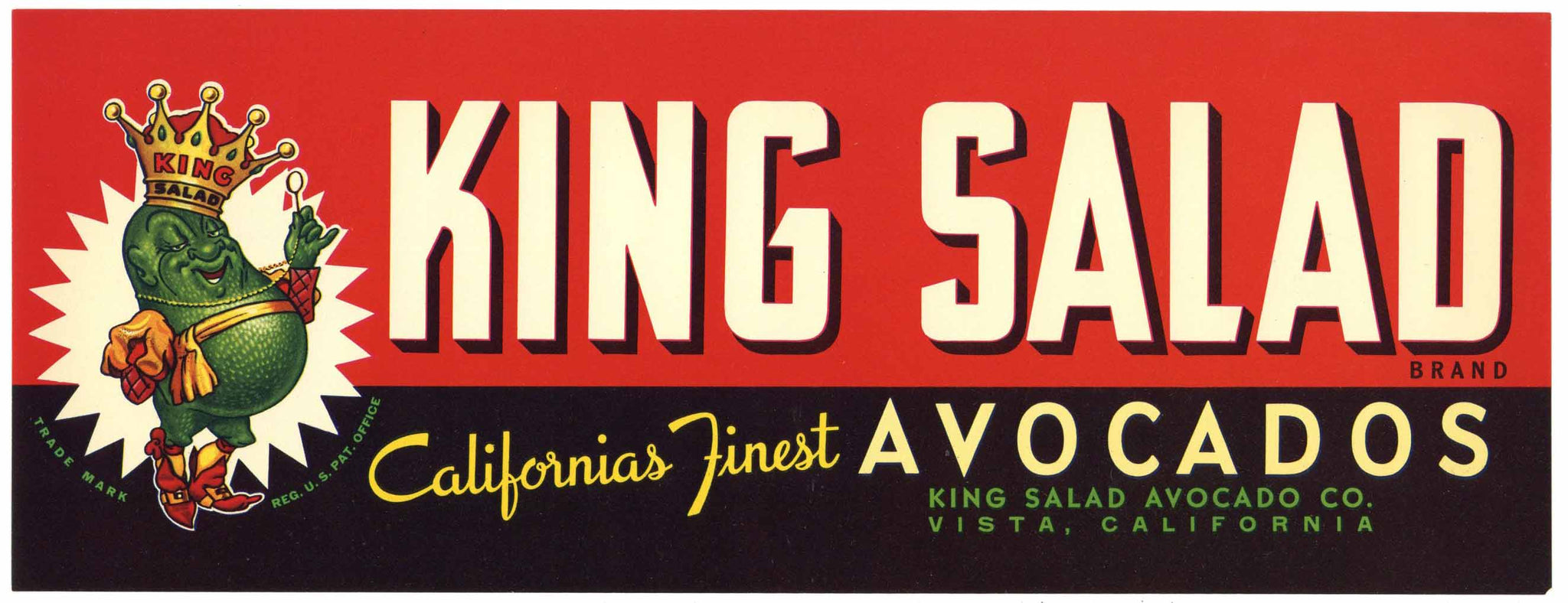 King Salad Brand Vintage Vista Avocado Crate Label, L