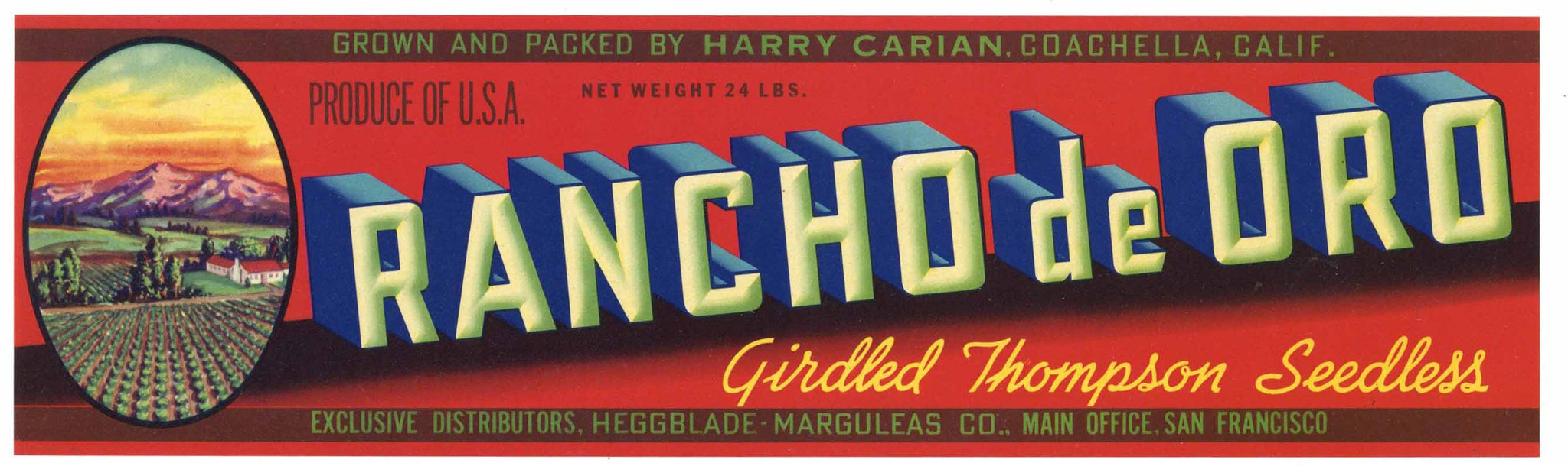 Rancho de Oro Brand Coachella California Grape Crate Label