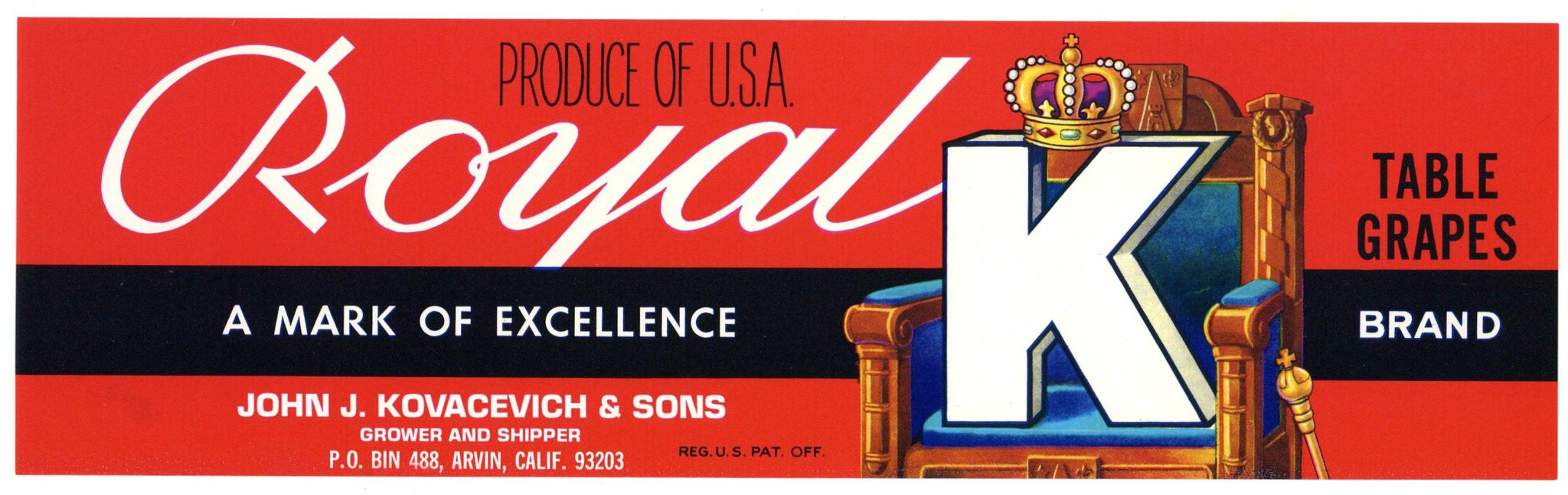 Royal K Brand Vintage Arvin California Grape Crate Label
