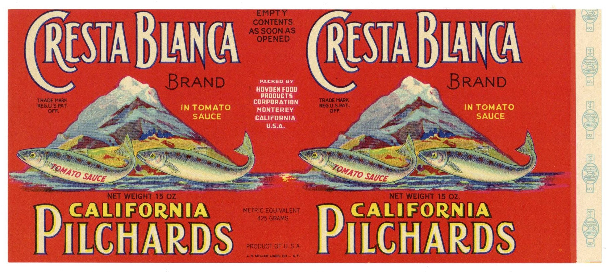 Cresta Blanca Brand Vintage Monterey California Seafood Can Label