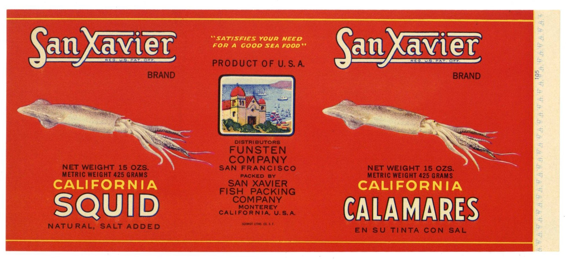 San Xavier Brand Vintage Monterey California Squid Can Label