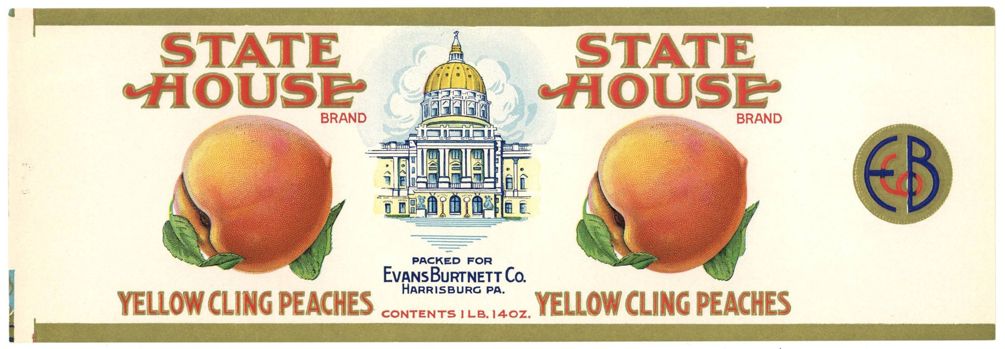 State House Brand Vintage Harrisburg Pennsylvania Peach Can Label