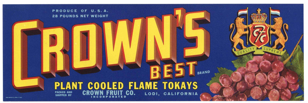 Crown's Best Brand Vintage Lodi California Grape Crate Label