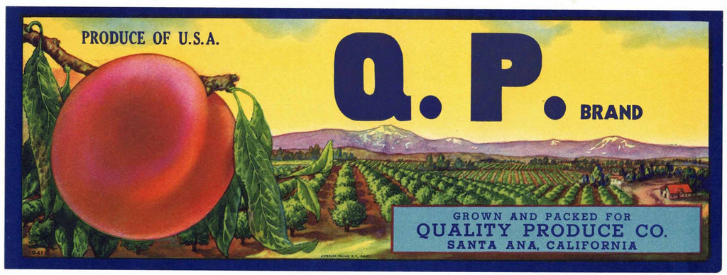 Q. P. Brand Vintage Santa Ana California Peach Crate Label