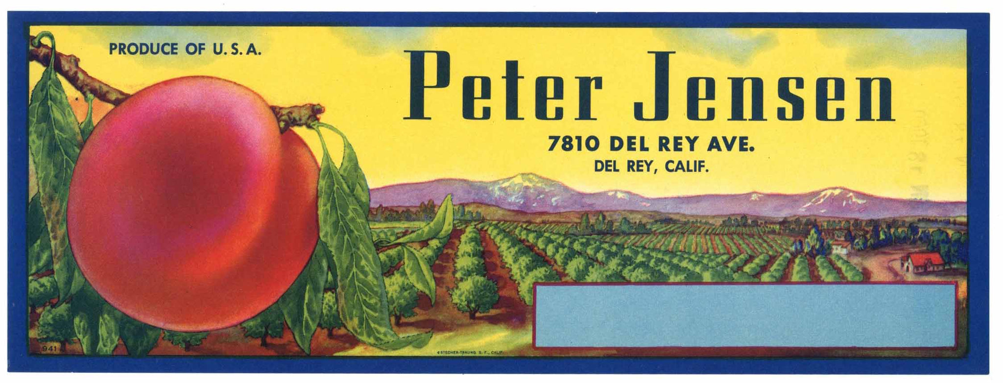 Peter Jensen Brand Vintage Del Rey California Peach Crate Label