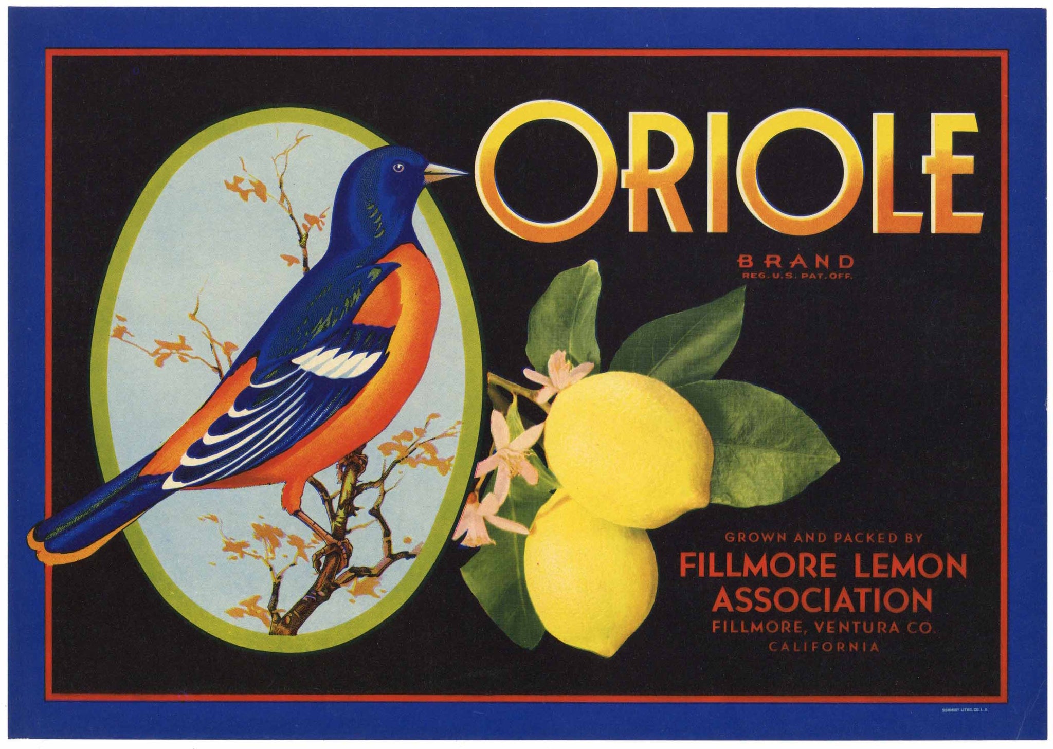 Oriole Brand Vintage Fillmore California Lemon Crate Label